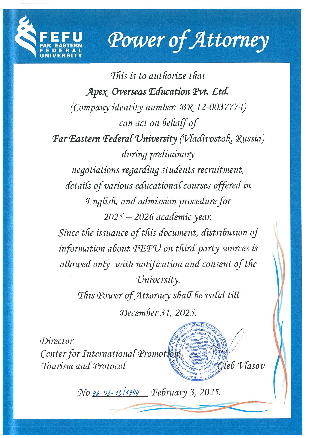 Shubham apex Overseas FEFU Power of Attorney